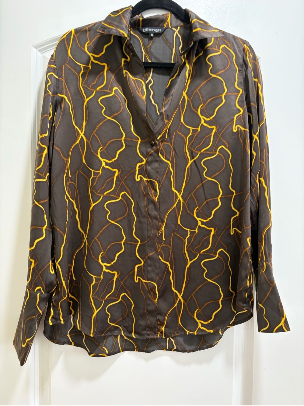 Catherine Gee Daria Silk Blouse Abstract Line Print French Cuff - Size M